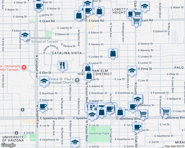 map of restaurants, bars, coffee shops, grocery stores, and more near 2538 East Elm Street in Tucson