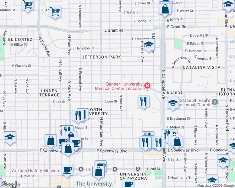 map of restaurants, bars, coffee shops, grocery stores, and more near 1428 East Elm Street in Tucson