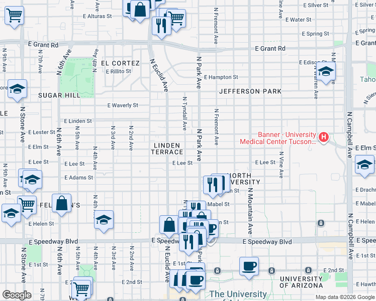 map of restaurants, bars, coffee shops, grocery stores, and more near 902 East Elm Street in Tucson