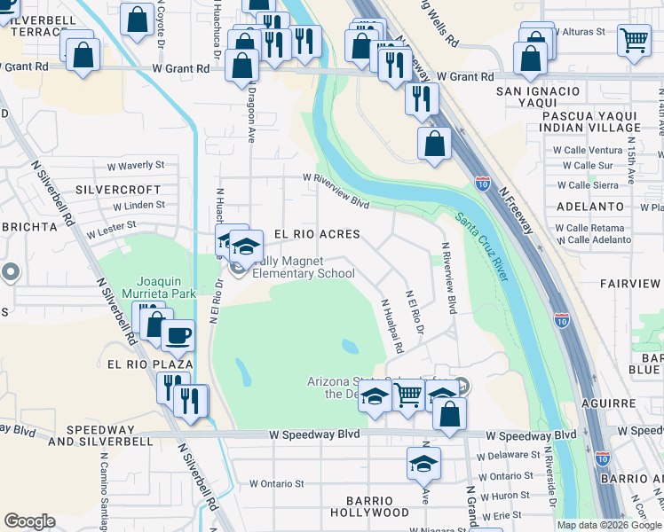 map of restaurants, bars, coffee shops, grocery stores, and more near 1455 West Hualpai Road in Tucson