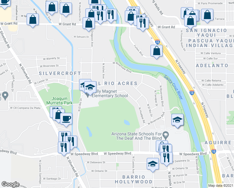 map of restaurants, bars, coffee shops, grocery stores, and more near 1455 West Hualpai Road in Tucson