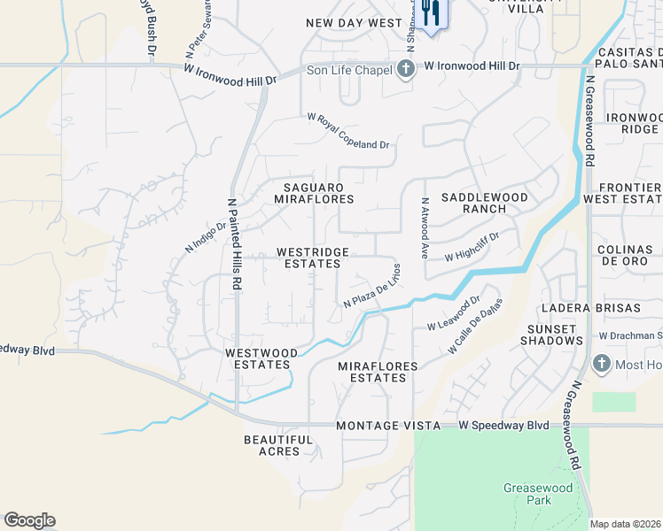 map of restaurants, bars, coffee shops, grocery stores, and more near 1534 North Plaza De Lirios in Tucson