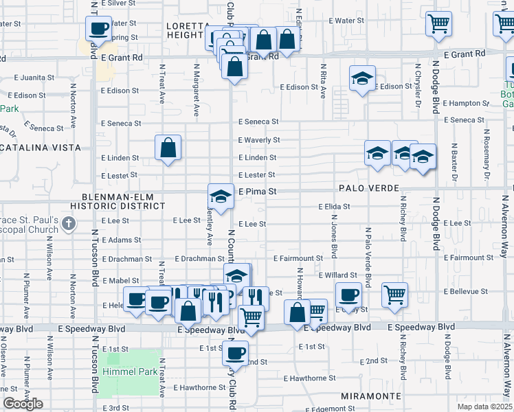 map of restaurants, bars, coffee shops, grocery stores, and more near 1637 North Camilla Boulevard in Tucson
