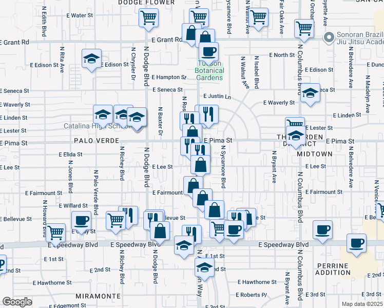 map of restaurants, bars, coffee shops, grocery stores, and more near 1643 North Alvernon Way in Tucson