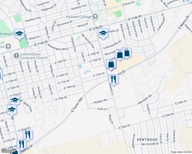 map of restaurants, bars, coffee shops, grocery stores, and more near 1602 East 17th Street in Big Spring