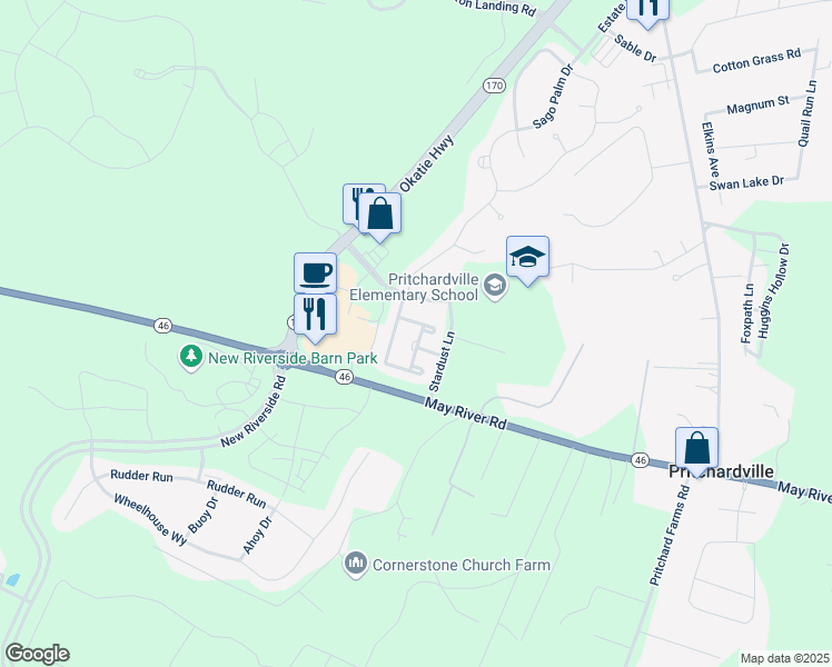 map of restaurants, bars, coffee shops, grocery stores, and more near 127 Starshine Circle in Bluffton