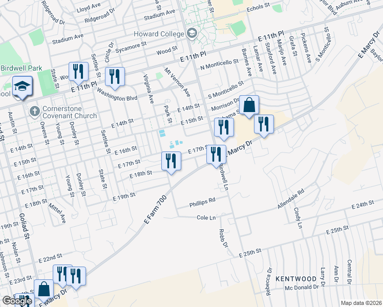 map of restaurants, bars, coffee shops, grocery stores, and more near 1602 East 17th Street in Big Spring