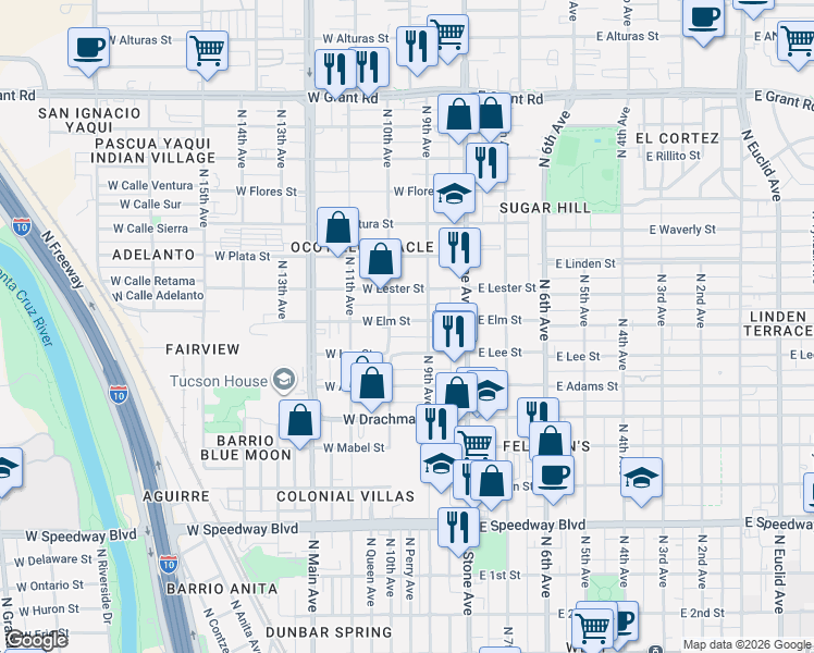 map of restaurants, bars, coffee shops, grocery stores, and more near 135 West Elm Street in Tucson
