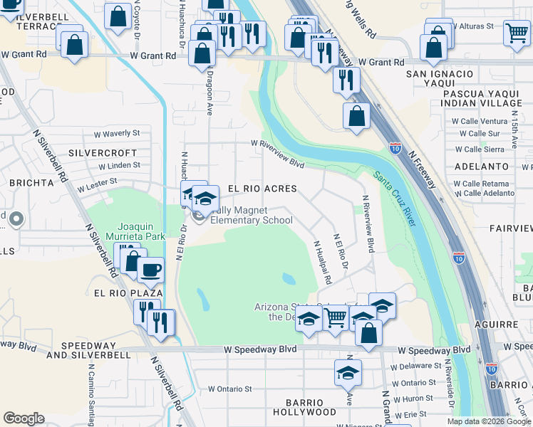 map of restaurants, bars, coffee shops, grocery stores, and more near 1455 West Hualpai Road in Tucson