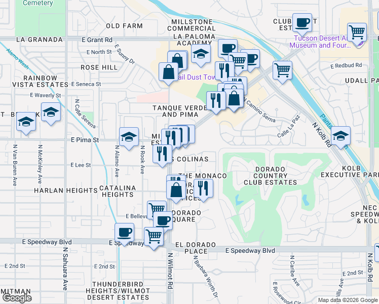 map of restaurants, bars, coffee shops, grocery stores, and more near 1600 North Wilmot Road in Tucson