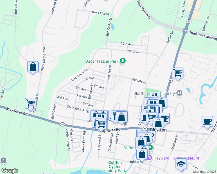 map of restaurants, bars, coffee shops, grocery stores, and more near 86 Pin Oak Street in Bluffton