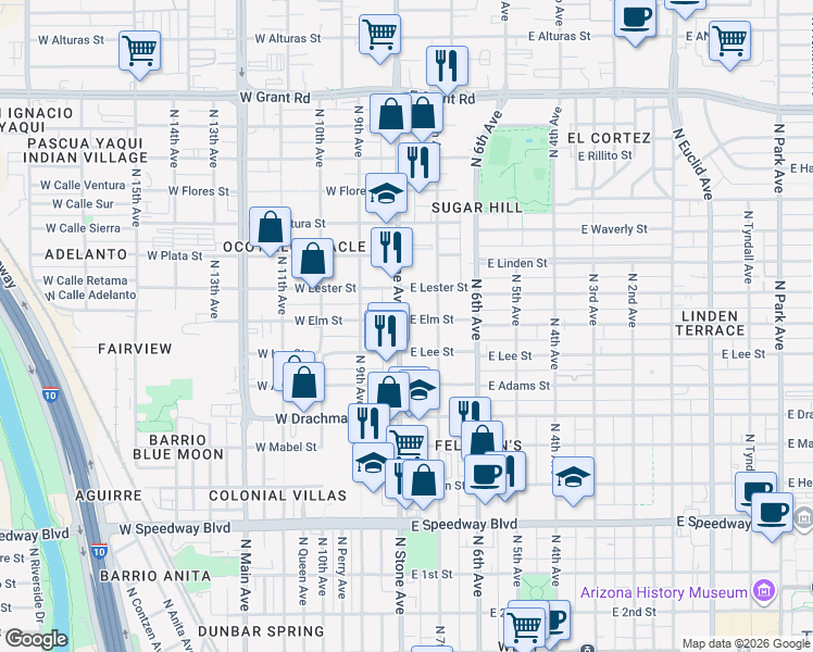 map of restaurants, bars, coffee shops, grocery stores, and more near 1690 North Stone Avenue in Tucson