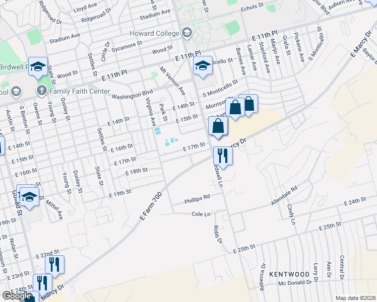 map of restaurants, bars, coffee shops, grocery stores, and more near 1602 East 17th Street in Big Spring