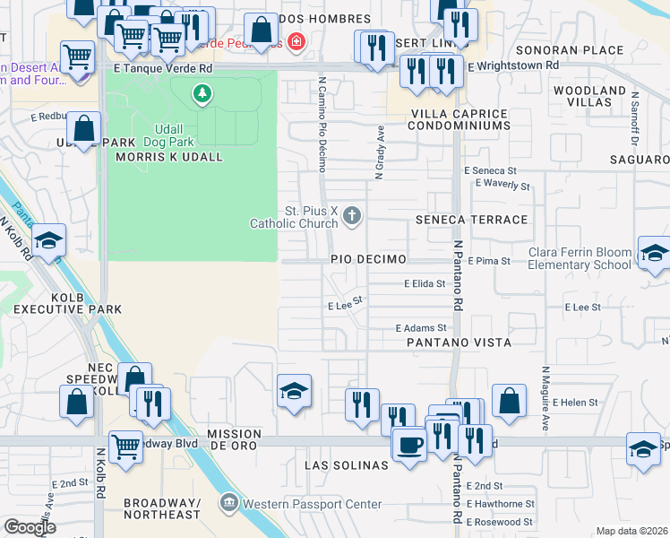 map of restaurants, bars, coffee shops, grocery stores, and more near 1640 North Kelly Place in Tucson