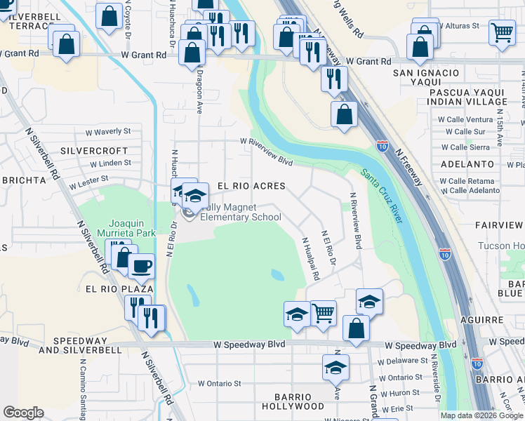 map of restaurants, bars, coffee shops, grocery stores, and more near 1449 West Hualpai Road in Tucson