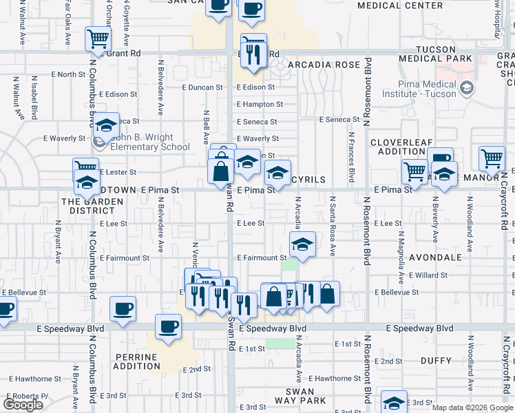 map of restaurants, bars, coffee shops, grocery stores, and more near 4791 East Joslyn Heights Place in Tucson