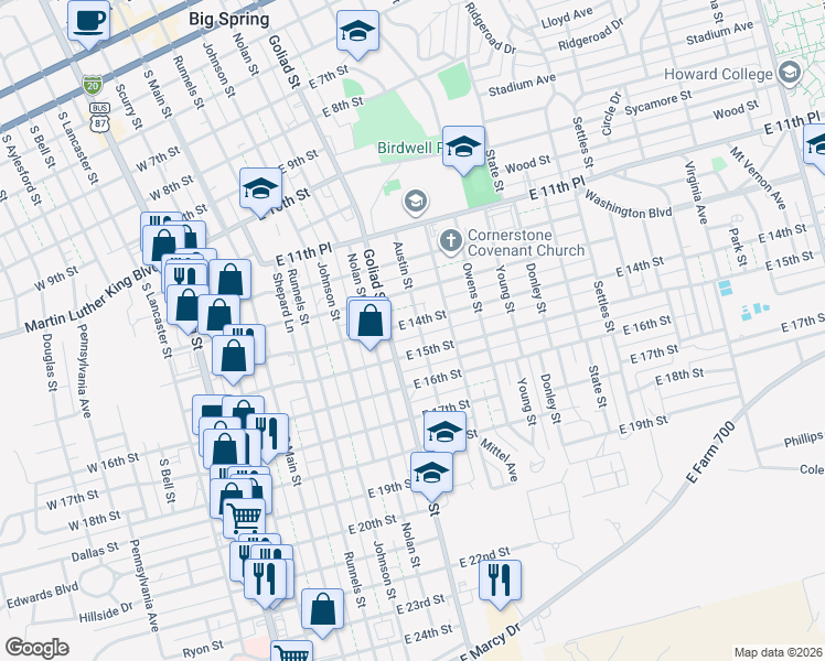 map of restaurants, bars, coffee shops, grocery stores, and more near 1402 Austin Street in Big Spring