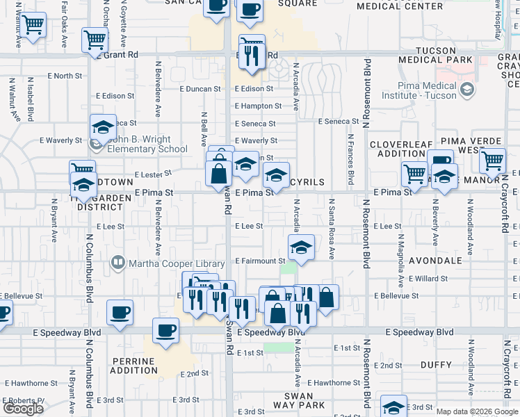 map of restaurants, bars, coffee shops, grocery stores, and more near 4791 East Joslyn Heights Place in Tucson