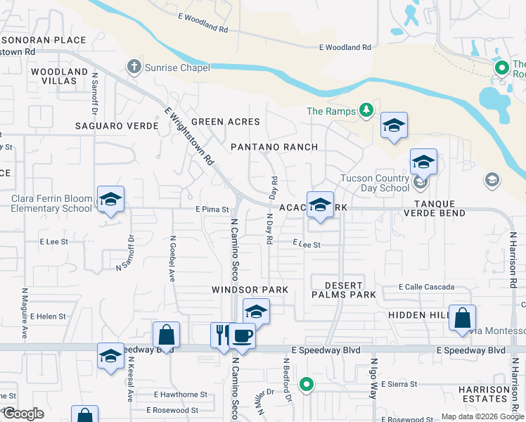 map of restaurants, bars, coffee shops, grocery stores, and more near 8789 East Corte Caida Del Sol in Tucson