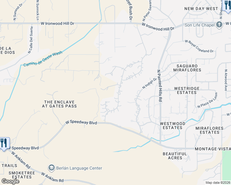 map of restaurants, bars, coffee shops, grocery stores, and more near 1681 North Coral Bells Drive in Tucson
