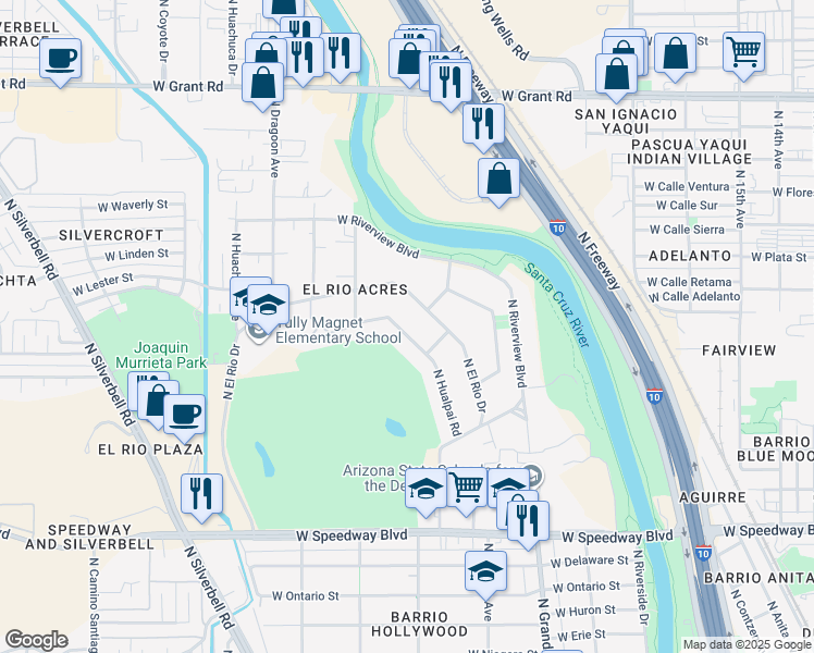 map of restaurants, bars, coffee shops, grocery stores, and more near 1374 West Hualpai Road in Tucson