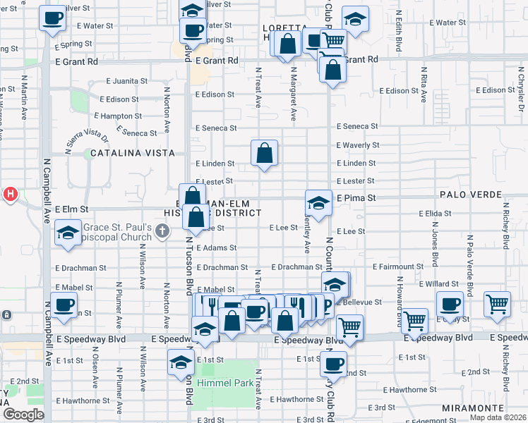 map of restaurants, bars, coffee shops, grocery stores, and more near 1612 North Treat Avenue in Tucson
