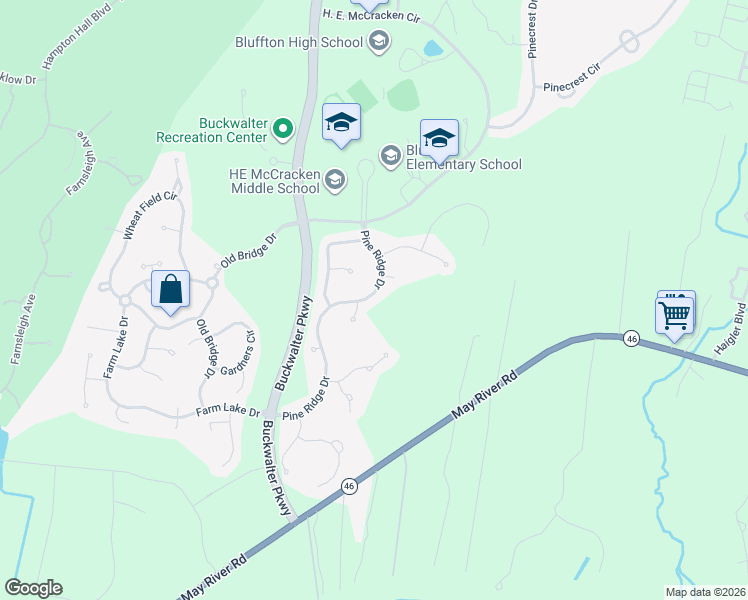 map of restaurants, bars, coffee shops, grocery stores, and more near 78 Pine Ridge Drive in Bluffton