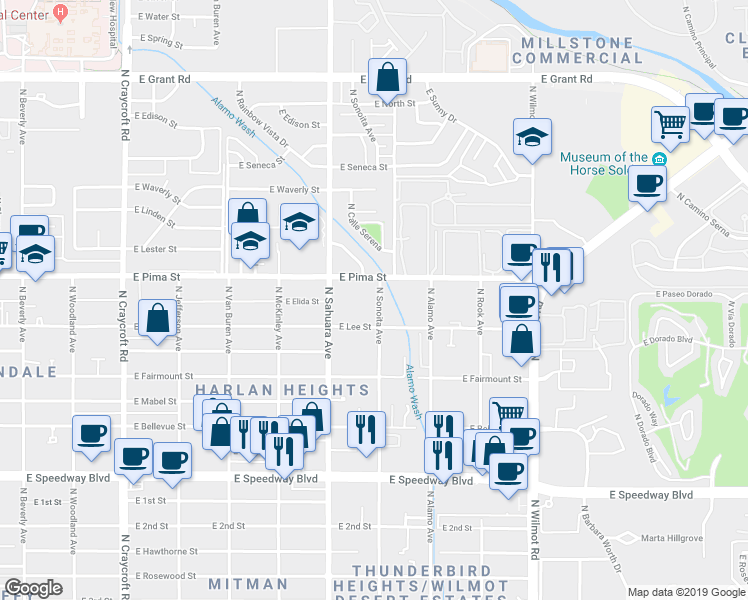 map of restaurants, bars, coffee shops, grocery stores, and more near 1643 North Sonoita Avenue in Tucson