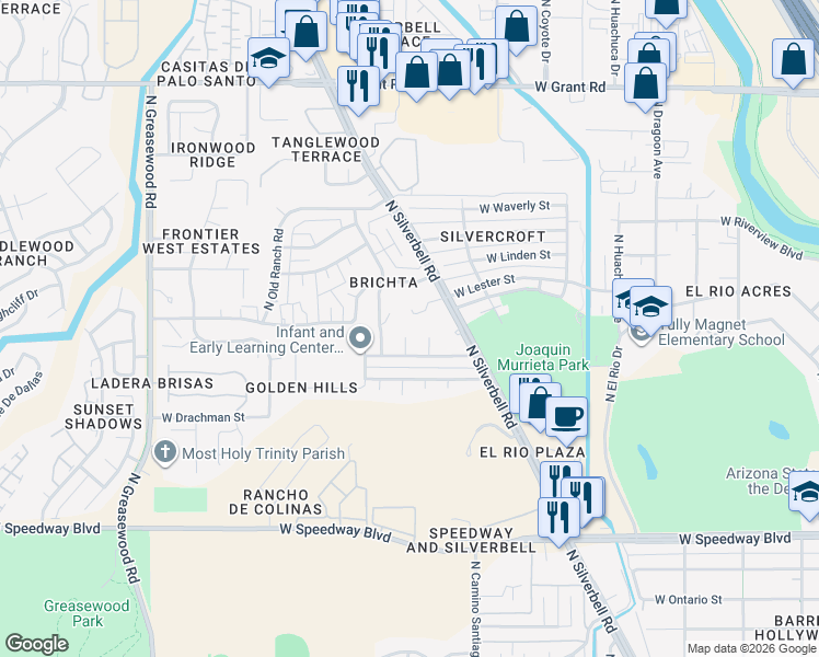 map of restaurants, bars, coffee shops, grocery stores, and more near 1630 North Monroe Crescent in Tucson