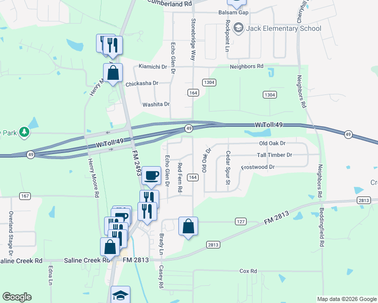 map of restaurants, bars, coffee shops, grocery stores, and more near 10566 Blue Bird Ln in Tyler