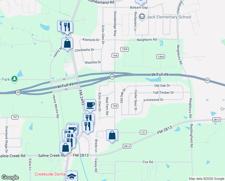 map of restaurants, bars, coffee shops, grocery stores, and more near 10566 Blue Bird Lane in Tyler