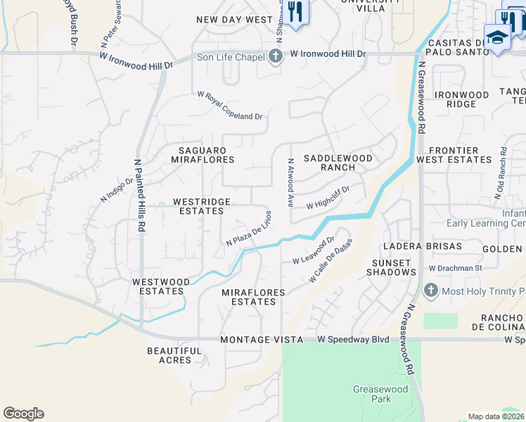 map of restaurants, bars, coffee shops, grocery stores, and more near 1513 North Plaza De Lirios in Tucson