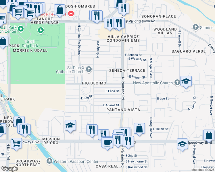 map of restaurants, bars, coffee shops, grocery stores, and more near 7770 East Pima Street in Tucson