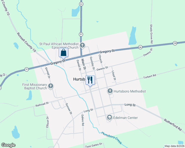 map of restaurants, bars, coffee shops, grocery stores, and more near 404-406 Goolsby Street in Hurtsboro
