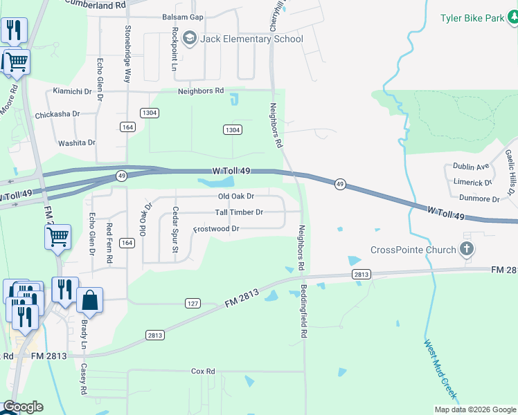 map of restaurants, bars, coffee shops, grocery stores, and more near 1440 Tall Timber Drive in Tyler