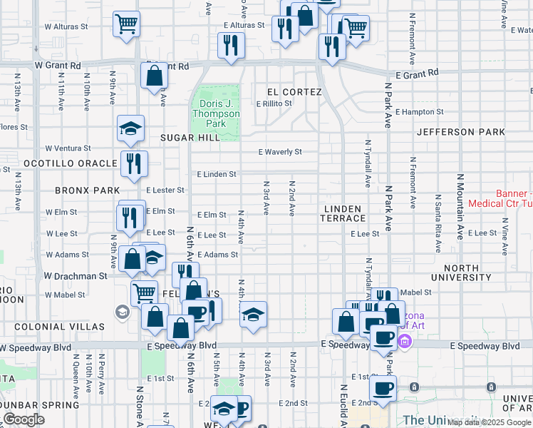 map of restaurants, bars, coffee shops, grocery stores, and more near E Elm St & N 3rd Ave in Tucson