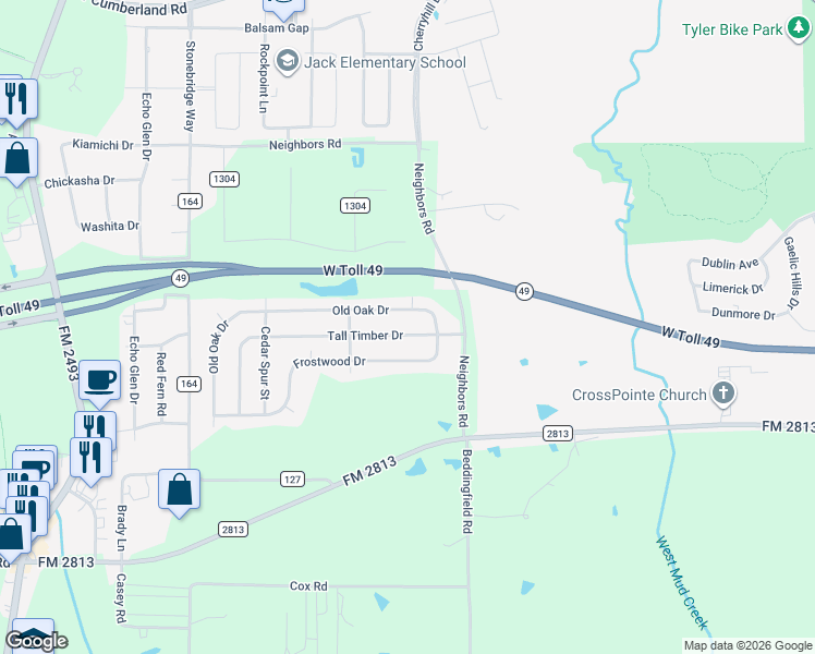 map of restaurants, bars, coffee shops, grocery stores, and more near 1440 Tall Timber Dr in Tyler