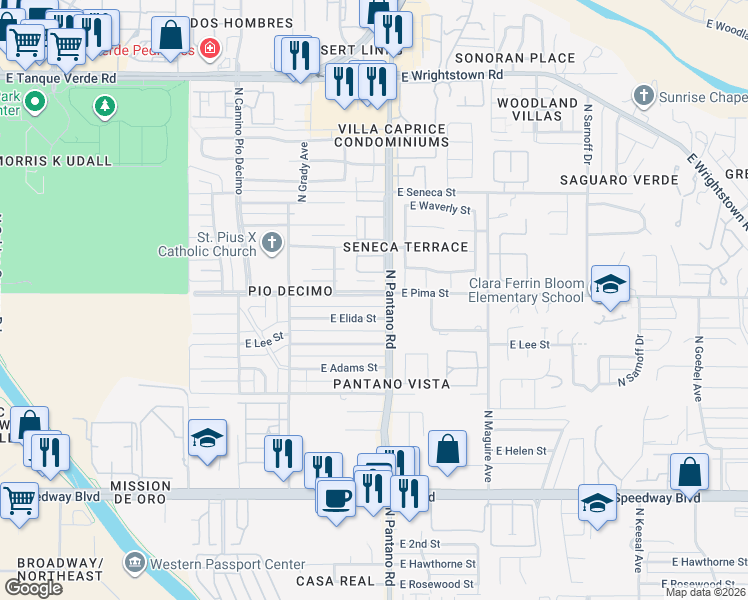 map of restaurants, bars, coffee shops, grocery stores, and more near 7852 East Pima Street in Tucson