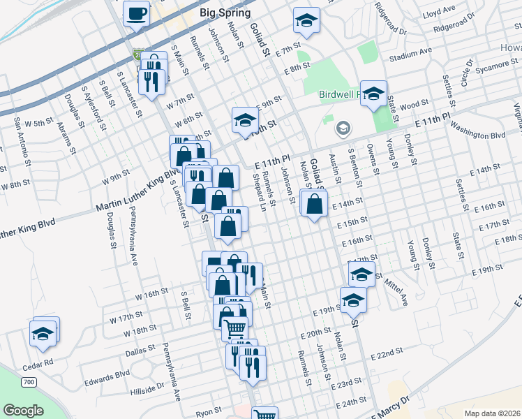 map of restaurants, bars, coffee shops, grocery stores, and more near 112 East 13th Street in Big Spring