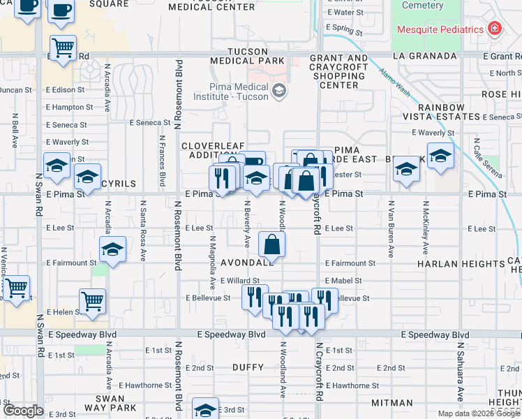 map of restaurants, bars, coffee shops, grocery stores, and more near in Tucson