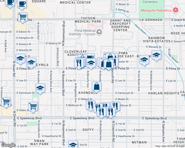 map of restaurants, bars, coffee shops, grocery stores, and more near in Tucson