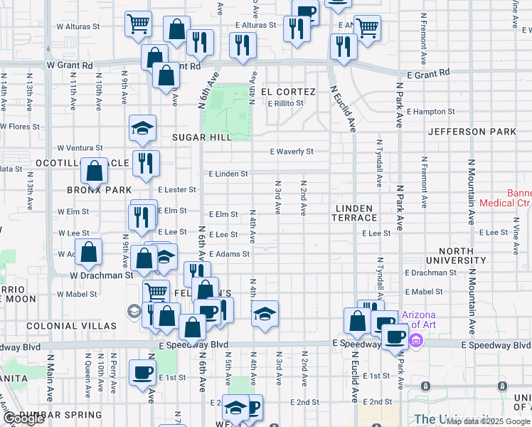 map of restaurants, bars, coffee shops, grocery stores, and more near 402 East Elm Street in Tucson