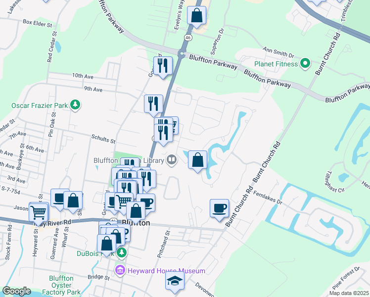 map of restaurants, bars, coffee shops, grocery stores, and more near 15b Cassandra Lane in Bluffton