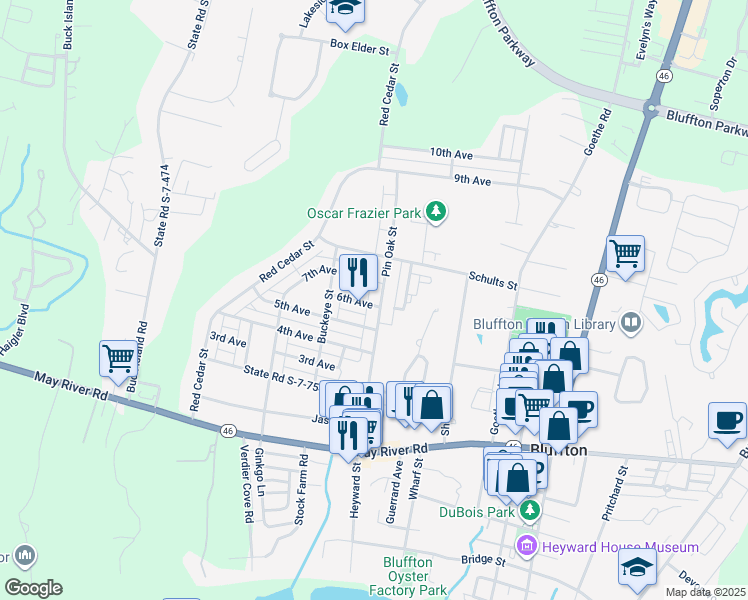 map of restaurants, bars, coffee shops, grocery stores, and more near 86 Pin Oak Street in Bluffton