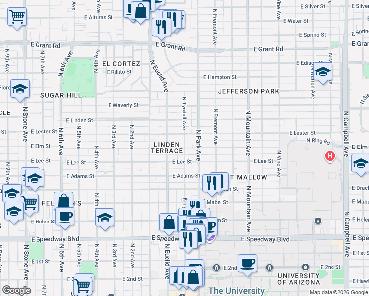 map of restaurants, bars, coffee shops, grocery stores, and more near E Elm St & N Tyndall Ave in Tucson