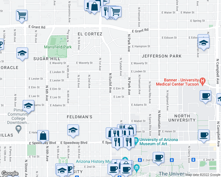 map of restaurants, bars, coffee shops, grocery stores, and more near North Euclid Avenue & East Elm Street in Tucson