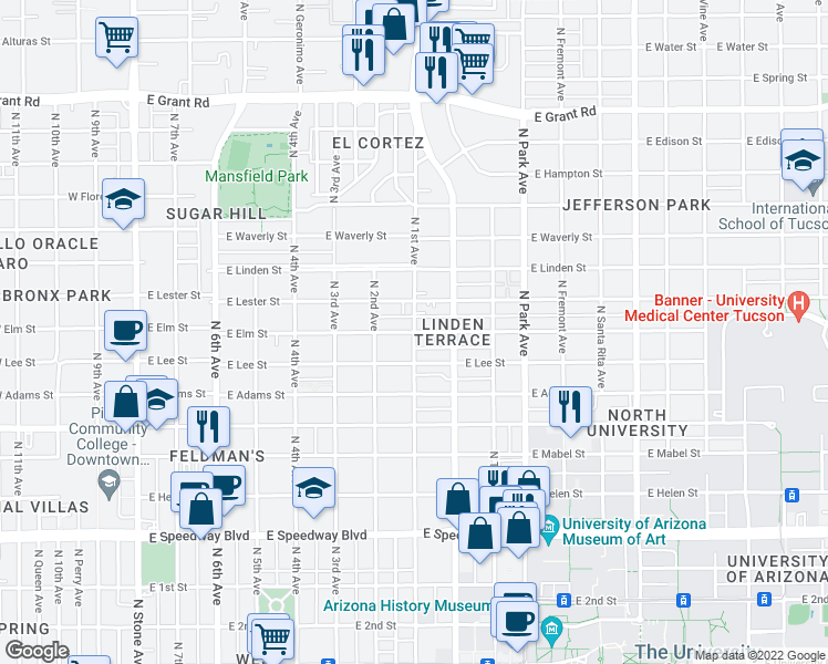 map of restaurants, bars, coffee shops, grocery stores, and more near N 1st Ave & E Elm St in Tucson