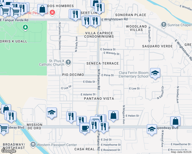map of restaurants, bars, coffee shops, grocery stores, and more near 7852 East Pima Street in Tucson