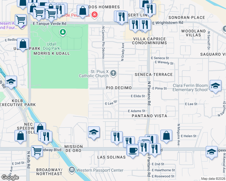 map of restaurants, bars, coffee shops, grocery stores, and more near 1640 North Kelly Place in Tucson
