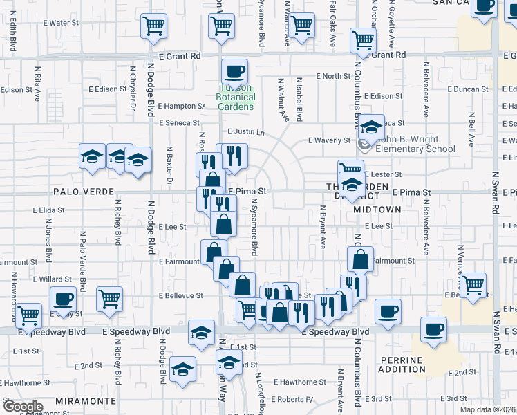 map of restaurants, bars, coffee shops, grocery stores, and more near 4034 East Pima Street in Tucson